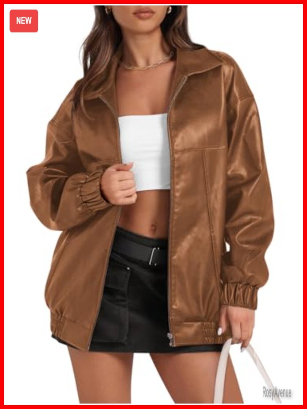 Faux Leather Jacket Oversized Moto Zip Up Aviator Coat Women